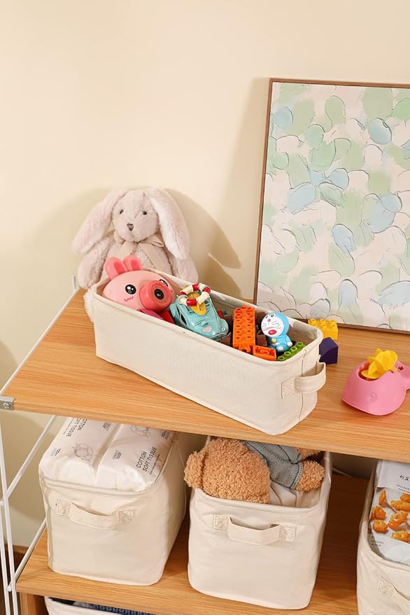 Decorative Basket Rectangular Fabric Storage Bin Organizer Basket with Handles for Clothes Storage (14.5 x 10.2 x 6.2, Beige)