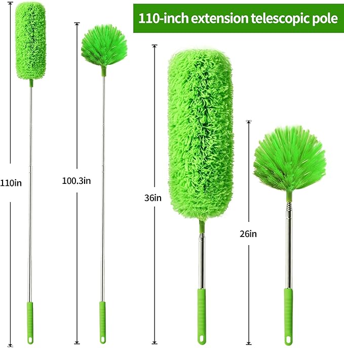 Cobweb Duster with Extension Pole, Washable Cleaning Duster Set with 2 Duster Heads, Corner Brush, 15-110-Inch Telescoping Pole for high Ceiling Fans, Long Duster for high Ceilings，Spider Web Brush