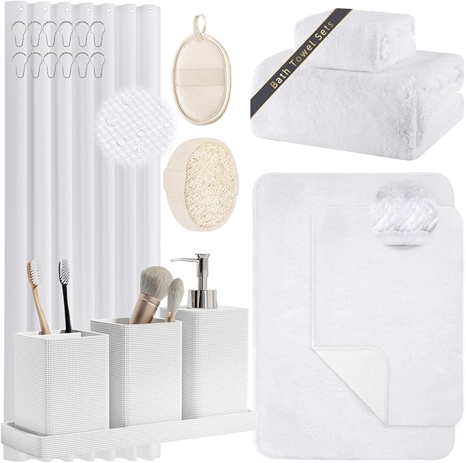 White Bathroom Set, White Bathroom Accessories Set with Shower Curtain and Rugs, Bath Towel Set, Natural Loofah Sponge, Soap Dispenser, Toothbrush Holder, Bathroom Tumbler and Tray for Bathroom