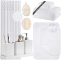 White Bathroom Set, White Bathroom Accessories Set with Shower Curtain and Rugs, Bath Towel Set, Natural Loofah Sponge, Soap Dispenser, Toothbrush Holder, Bathroom Tumbler and Tray for Bathroom