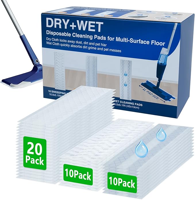 40 Count Dry+Wet Hardwood Floor Cleaner Pads for Bona Mop Replacement Pads XL Disposable Wet Cleaning Pad Multi Surface Floor Pads Refill Compatible with Bona, Rubbermaid, Libman and Swiffer Power Mop