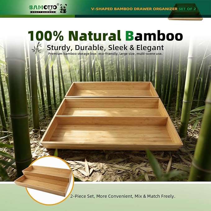 V-Shaped 2-Pack 19.6" Long Bamboo Drawer Organizer Box - Easy Reach Kitchen Utensil Flatware Silverware Cooking Tools Storage for Home Bedroom Bathroom (19.6"x12.4"/19.6"x7.8")