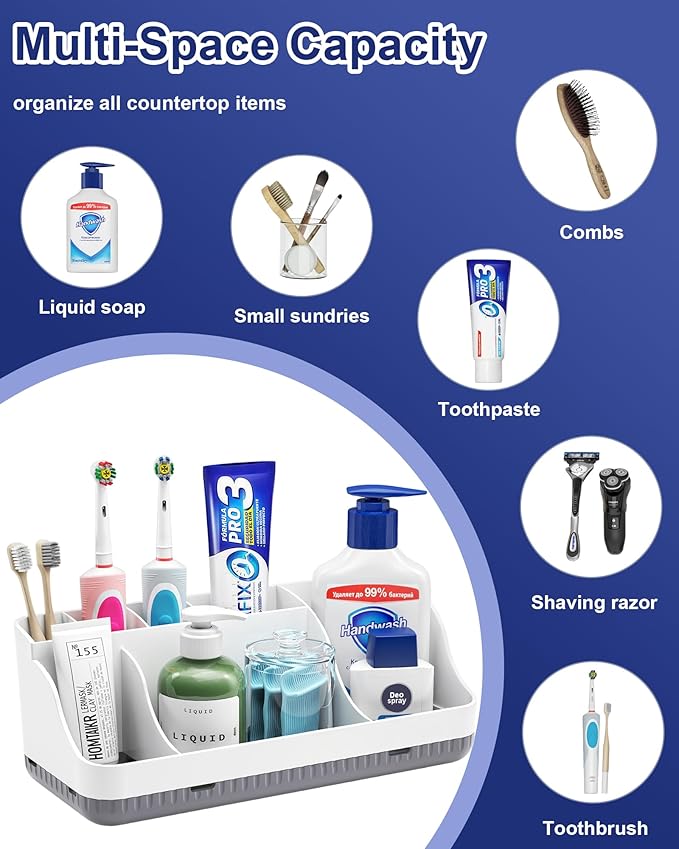 Bathroom Counter Organizer and Storage with 2 Pack Qtip Holder Dispenser, 7 Slots Detachable Toothbrush Holders for Bathrooms, Anti-Slip Electric Toothbrush and Toothpaste Holder Countertop