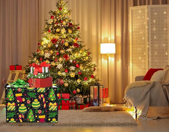 Rectangular Storage Basket Empty,Storage Bin with Handles,Room Decor,Gift Basket,Book Box(Black Christmas)