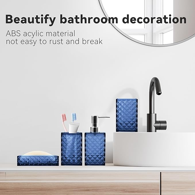 Bathroom Accessory Set, 5 PCS Blue Bathroom Accessories Sets Complete, Soap Dispenser, Toothbrush Holder, Soap Dish, Mouthwash Cup and Toilet Brush, Modern Bathroom Decor