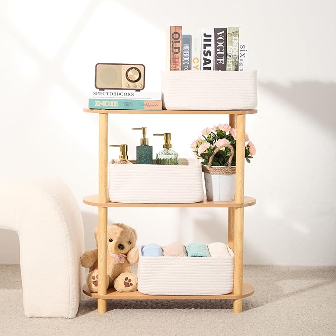 Small Storage Baskets for Organizing | Closet Organizer Bins | Shelf Toy Basket | Woven Rope Baskets | Cube Decorative Box | Shallow Basket | 13x8.5x5.1” | 4 Packs Off White