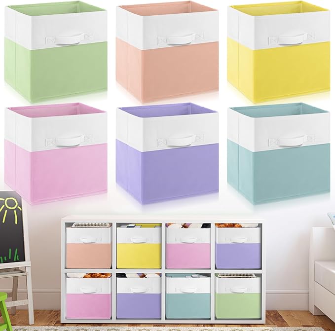 Yinder 6 Pcs Cube Storage Bin Pink 11'' Storage Bins for Playroom Decor Colorful Bins for Kids Foldable Baskets for Nursery Organizer Boxes Fabric Boxes