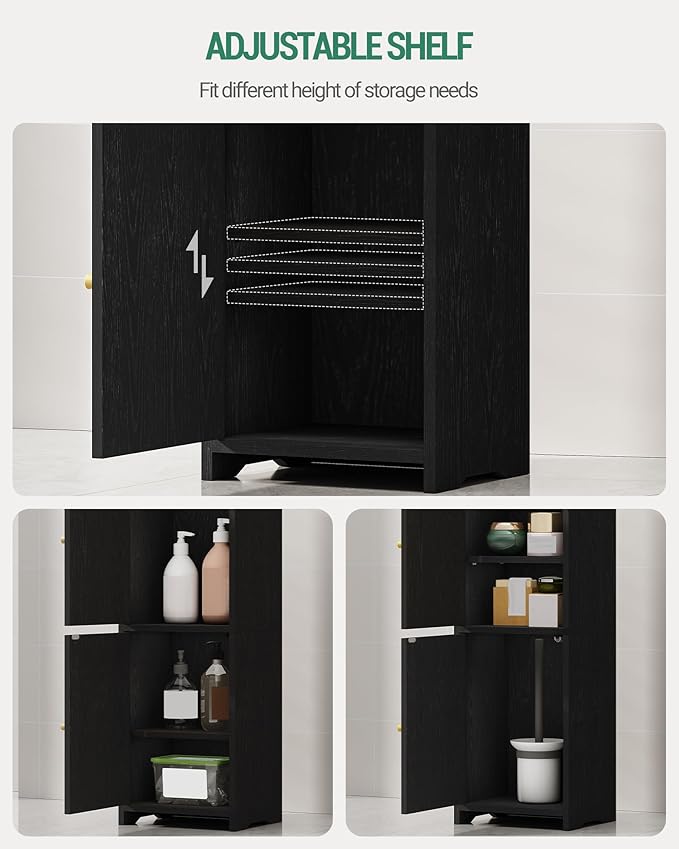 Bathroom Storage Cabinet, Small Corner Floor Cabinet with 2 Doors and Adjustable Shelf, Narrow Toilet Paper Cabinets, Bathroom Organizer for Small Spaces, 7.9" D x 9.8" W x 29.5" H Black