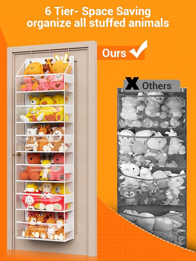 Over Door Storage Organizer, Stuffed Animal Storage, Hanging Organizer for Stuffies, 6 Shelves, Behind Door Storage for Bedroom, Nursery, Dorm Room, 1 Pack, Clear White