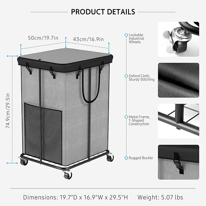 Large Laundry Hampers with Lid, Oxford Fabric Laundry Hampers, Metal Frame and Removable Bag Design with Wheels, Suitable for Bedroom, Bathroom, Dorm Room, Laundry Room (Cationic Gray with Lid)