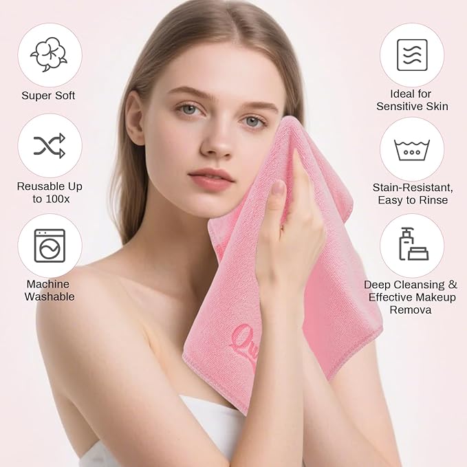 Microfiber Makeup Remover Cloth Face Towels Makeup Pads Soft Fingertip Face Wash Cloth Reusable Machine Washable High‑Absorbency Quick‑Dry Cleansing Facial Towels 12 × 12 in 6 Pack——Light Pink