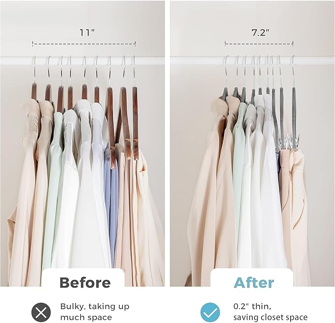 VECELO 40 Pack Velvet Clothes Hangers with Adjustable Clips,Heavy-Duty Non Slip & Space-Saving with 1 Magic Hangers & 2 Tie Rack for Suit Coat Pants Skirt Dresses