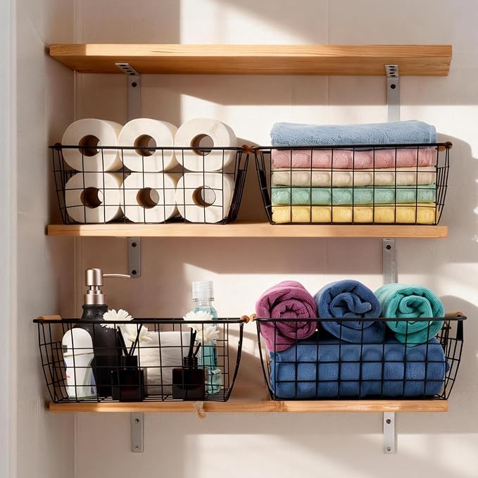 Black 2PCS Wire Storage Baskets with Wooden Handles - Organizing Pantry and Kitchen Cabinets - Metal Wire Food Storage Basket