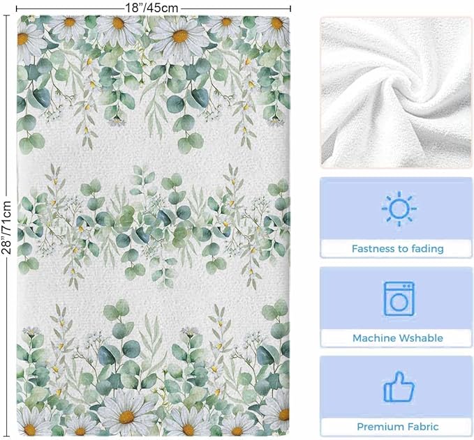 Kitchen Towels Set of 2, Green Eucalyptus Leaves Soft Microfiber Dish Towels, Summer Botanical Watercolor Daisy Absorbent Washable Dishcloths for Kitchen Cleaning, Drying Dishes, 18x28 Inches