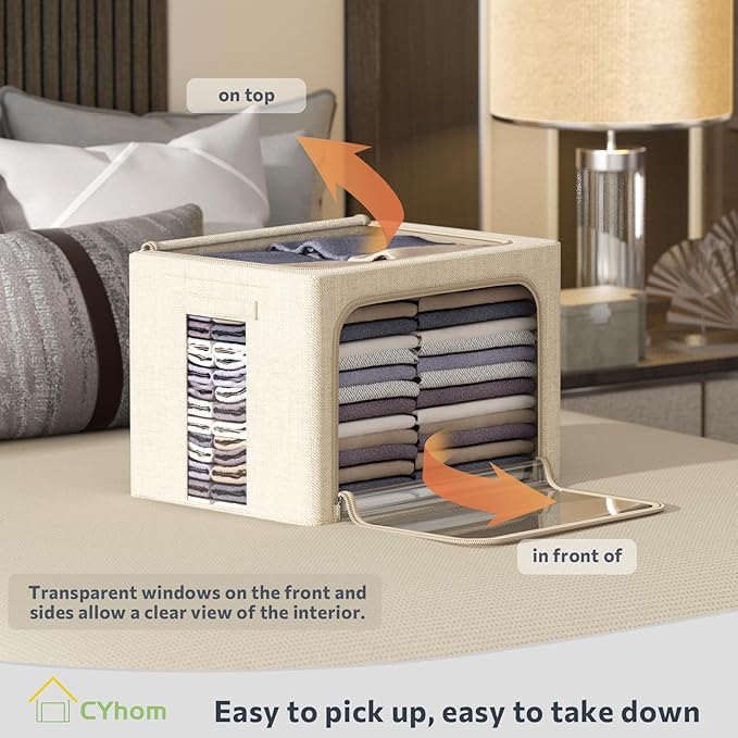 CYhom Extra Large Clothes Storage Bins - Linen Fabric Foldable Stackable Container Organizer Set with Clear Window & Carry Handles & Metal Frame - 2Pack Large Capacity for Bedding, Blankets, Books