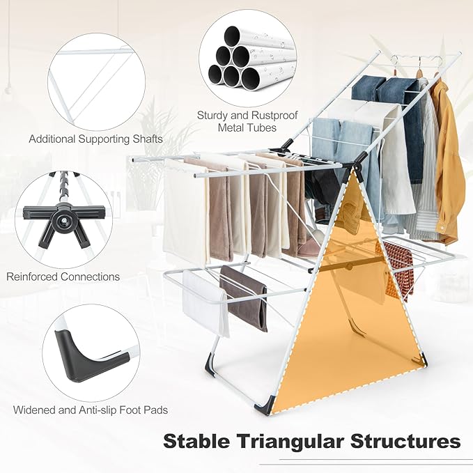 Tangkula Laundry Drying Rack, Foldable Clothes Drying Rack with Height Adjustable Wings, 33 Drying Rails & Sock Clips, Freestanding Gullwing Garment Stand for Indoor & Outdoor Use (White+Grey)