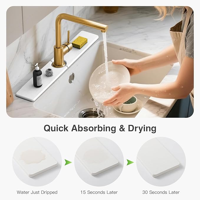 23.6" x 4" Stone Faucet Mat for Kitchen Sink, Quick Drying Diatomite Sink Tray, Faucet Sink Splash Guard for Prevents Moisture Buildup (White)
