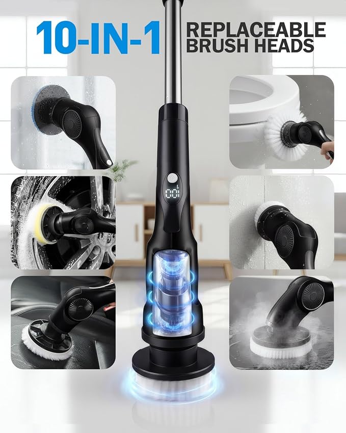 Electric Spin Scrubber, 3-Speed Cordless Shower Scrubber with Long Handle & 10 Replaceable Brush Heads, 90 Mins Runtime & Full-Body IPX7 Waterproof Shower Cleaner Brush for Bathroom Kithchen