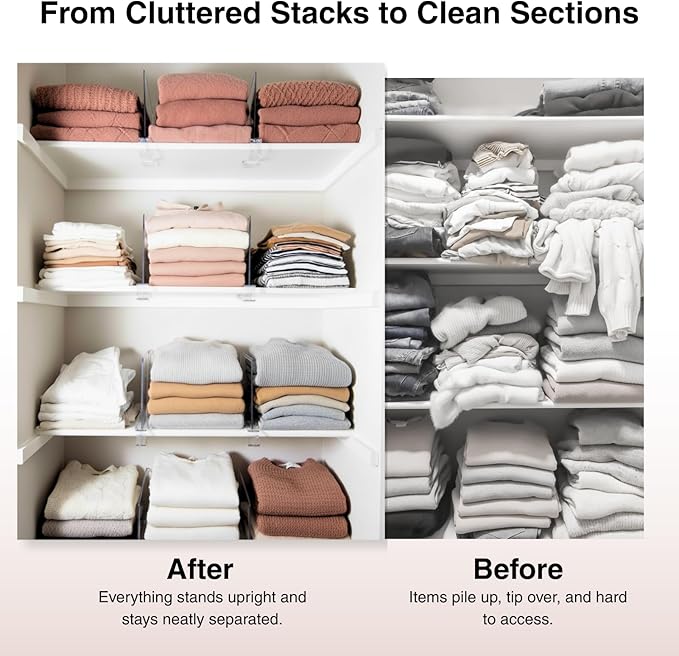 Shelf Dividers Purse Organizer for Closet: 6-Pack Acrylic Bag Storage Organizer for Handbags, Clutches, Clothes, Sweater, Towel on Wood Shelves