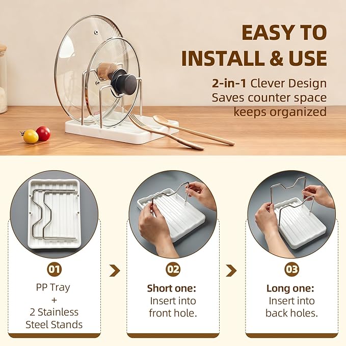 2 in 1 Pot Lid Holder & Spoon Rest for Kitchen Counter, Plastic Utensil Rest with Stainless Steel Pan Lid Holder Organizer While Cooking, Countertop Space Saving Pot Cover Rack | Easy to Clean
