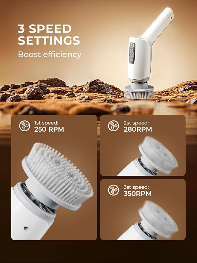Cleangor Electric Spin Scrubber, Cordless Cleaning Brush Shower Scrubber with 9 Replaceable Brush Heads 3 Speeds Extension Handle for Bathroom, Shower, Bathtub, Floor, Tile, Kitchen, Pool (1, White)