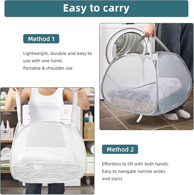 2 Pack Collapsible Laundry Baskets, 90L Large Foldable Laundry Basket, Durable Mesh Pop Up Hampers for Laundry, Dirty Clothes Laundry Hamper for Bedroom, Bathroom, Dorm, Laundry Room, Travel White