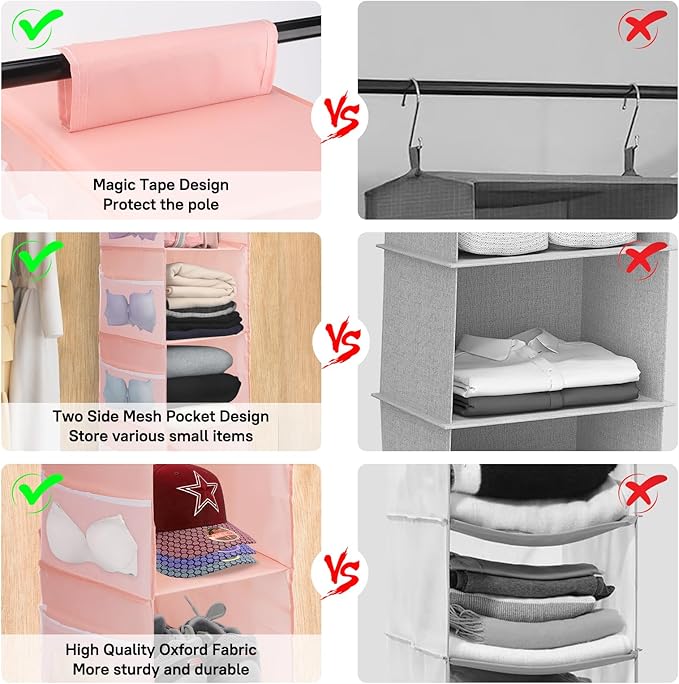 PetsHome 4-Shelf Hanging Closet Organizer, Space Saver, Closet Hanging Storage Shelves with Mesh Pockets & Magic Tap for Storage, Foldable-Pink