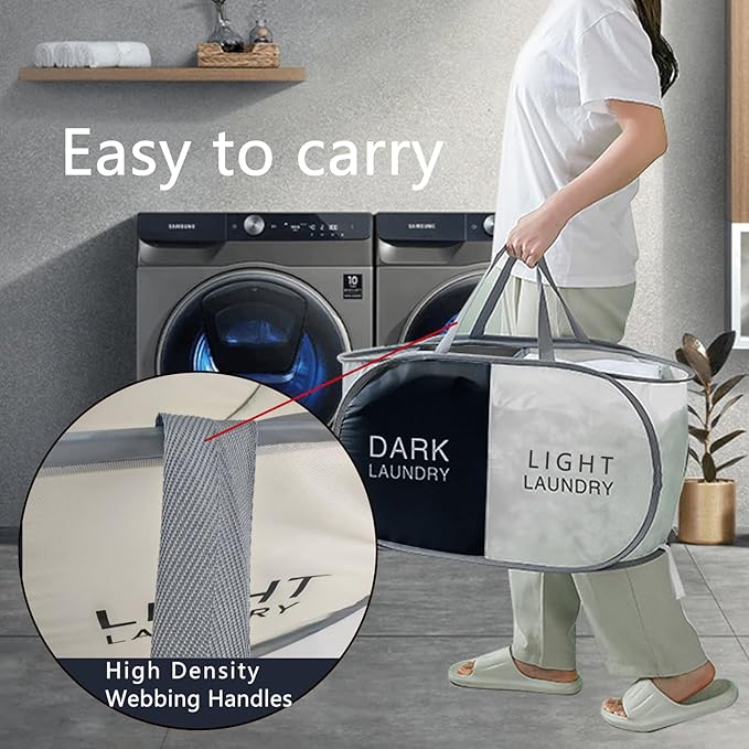 Foldable Pop Up Laundry Hamper, 2 Section Laundry Basket, Dirty Clothes Hampers Sorter Basket for Laundry, Cruise, Bedroom, College Dorms (Black Beige)