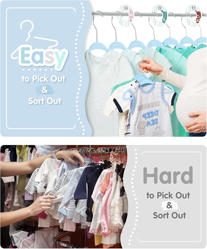 VIS'V Baby Hangers, 11 Inch Velvet Kids Hangers with 6 Pcs Clothes Size Dividers, Infant Toddler Nursery Closet Organization, Non Slip, Blue, 50 Pcs