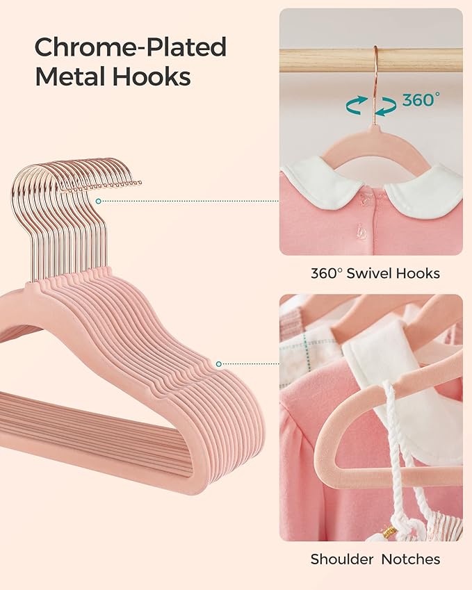 SONGMICS Baby Kids Hangers 50 Pack for Closet, 11.8 x 8.1 Inches, Rose Gold 360° Swivel Hooks, Space-Saving Clothes Velvet Hangers for Nursery, Non-Slip, Jelly Pink UCRF027P01
