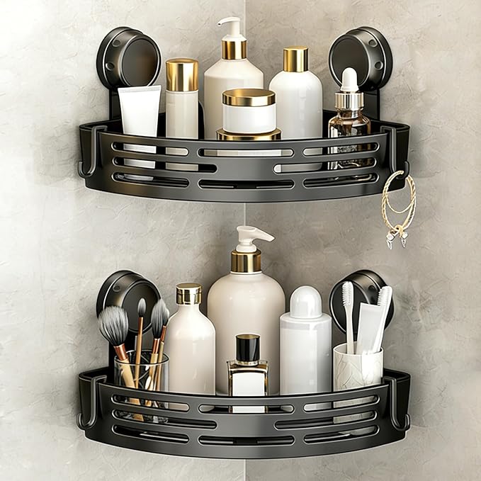 kdlgjdv Triangle Suction Cup Shower Caddy, No-Drill Bathroom Corner Shelf, Small Bathroom Storage Cabinet, Easy To Install, Heavy-Duty Strong Hold Shower Storage Rack For Shampoo & Soap (Black*2)