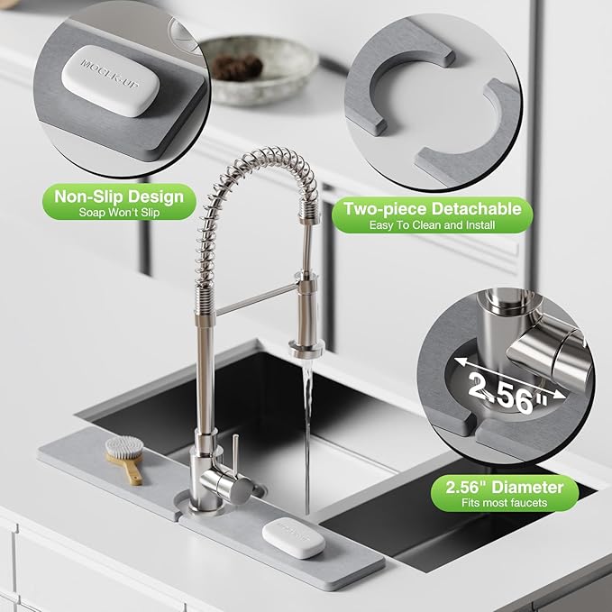 20" x 4" Stone Faucet Mat for Kitchen Sink, Quick Drying Diatomite Sink Tray, Faucet Sink Splash Guard for Prevents Moisture Buildup (Light Gray)