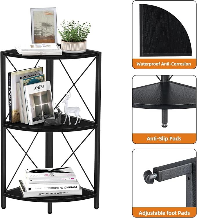Snughome Corner Shelf with Metal Frame, 3 Tier Corner Storage Organizer, Freestanding Corner Bookshelf Stand Display Rack for Kitchen, Living Room, Black