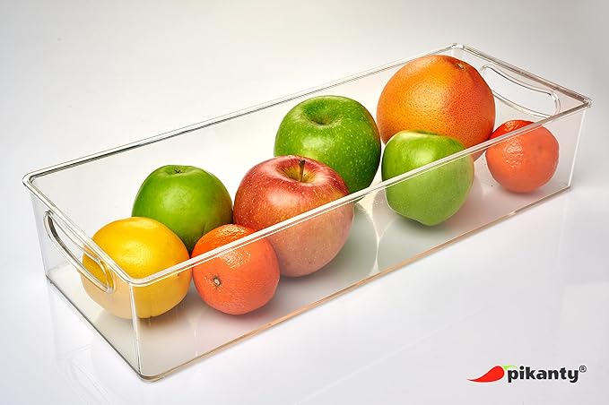 Pikanty - 15-Inch Refrigerator Organizer Bin with Handles - Clear Plastic Storage for Fridge, Pantry, or Countertop - Dishwasher Safe - Made in the USA