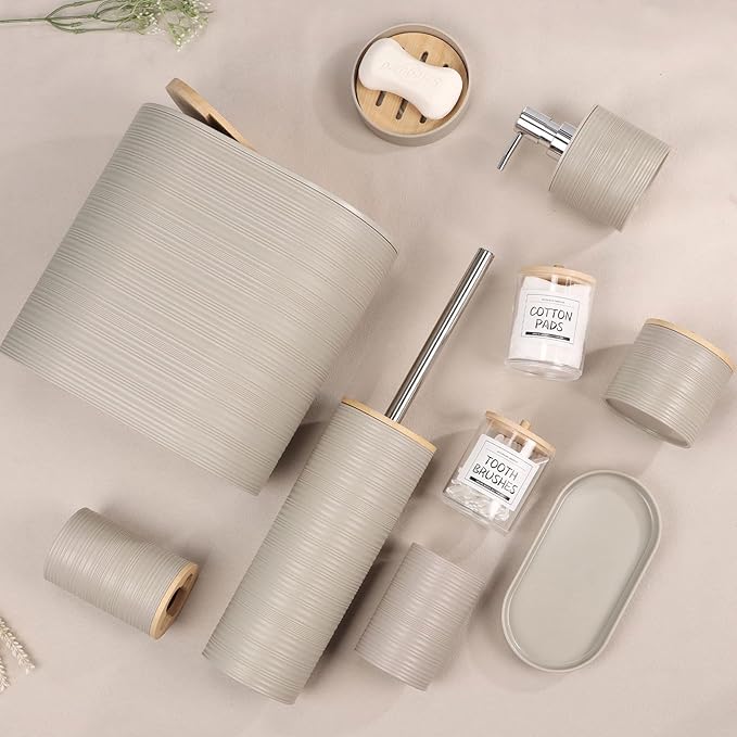 IMAVO Bathroom Accessory Set-11Pcs Beige Bathroom Accessories Set with Trash Can,Soap Dispenser,Soap Dish,Toothbrush Holder,Toothbrush Cup,Toilet Brush Holder,Qtip Holder Dispenser with Labels