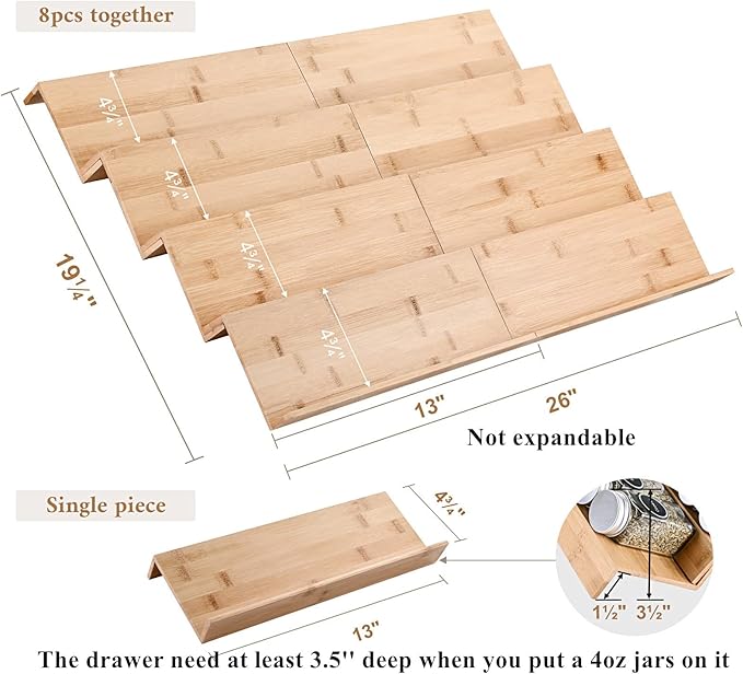Bamboo Spice Rack Tray - Spice Drawer Organizer for Kitchen Cabinets Storage and Organization (Jars Not Included, 8 Individual Pieces, Not Expandable)
