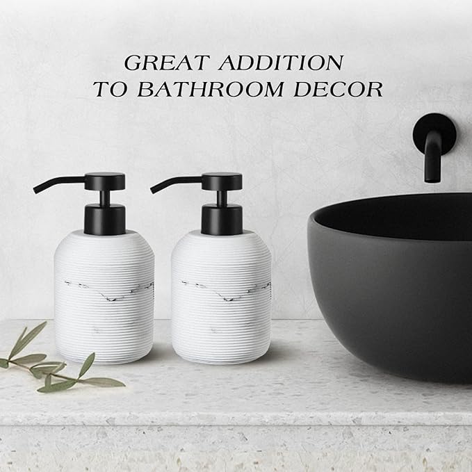 Marble Hand Soap Dispenser for Bathroom, 12 Fl Oz Soap and Lotion Dispenser Set, 2 Pack White Resin Dish Soap Dispensers for Kitchen, Refillable Liquid Bottle Container with Plastic Pump