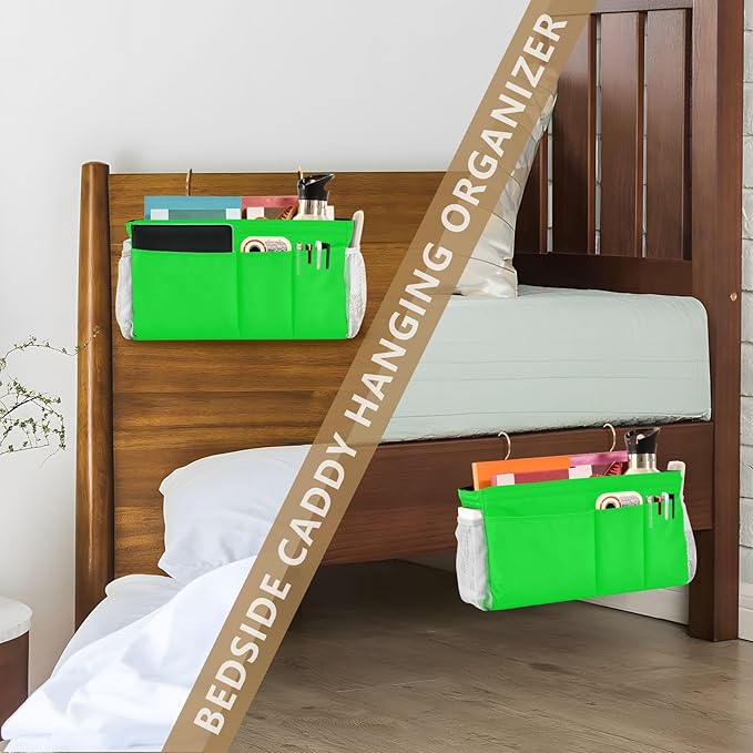 KOPIRIT Neon Cyan Bedside Caddy Storage Bag Bedside Organizer for Headboards Bunk Beds Bedside Shelf Hanging Organizer 6 Pockets with Hooks for Book Glasses Phone Holder