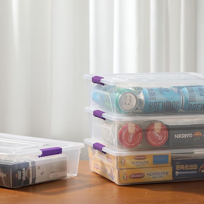 novelinks Clear Stackable Storage Bins with lid Storage Boxes Durable Plastic Organizer Containers for Home Office, Kitchen, Craft Supplies (10 Quart 4 Pack Purple)