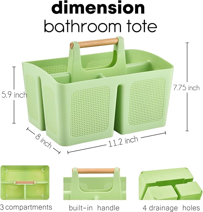ALINK Portable Shower Caddy Basket with Compartments, Plastic Divided Cleaning Caddy Organizer Storage Tote with Handle for Bathroom, College, Dorm Room Essentials - Green