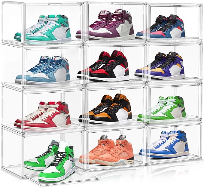 EDS FAM 10 Pack Acrylic Shoe Storage Boxes Size 12, Stackable Sneaker Display Case Shoe Containers with Magnetic Lid, Clear Shoe Storage Cabinet for Entryway, Closet, Underbed