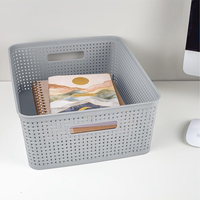 Sterilite 24 Pack Plastic Storage Bin Organization Containers, Short Baskets, Cement