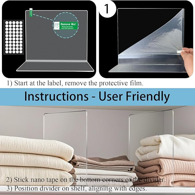 Lebouri Acrylic Shelf Dividers for Closet Organization: 10" Tall Clear Closet Dividers for Shelves - Free-Standing Shelf Separators for Clothes Sweater Purse