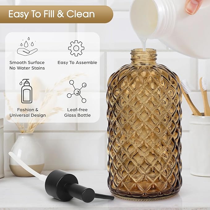2 Pack Gem Glass Soap Dispenser with Black Plastic Pump, 13oz Liquid Hand Soap Dispenser, Rustproof Pump for Kitchen & Bathroom, Great for Lotions, Essential Oil, Liquid Soaps-Amber