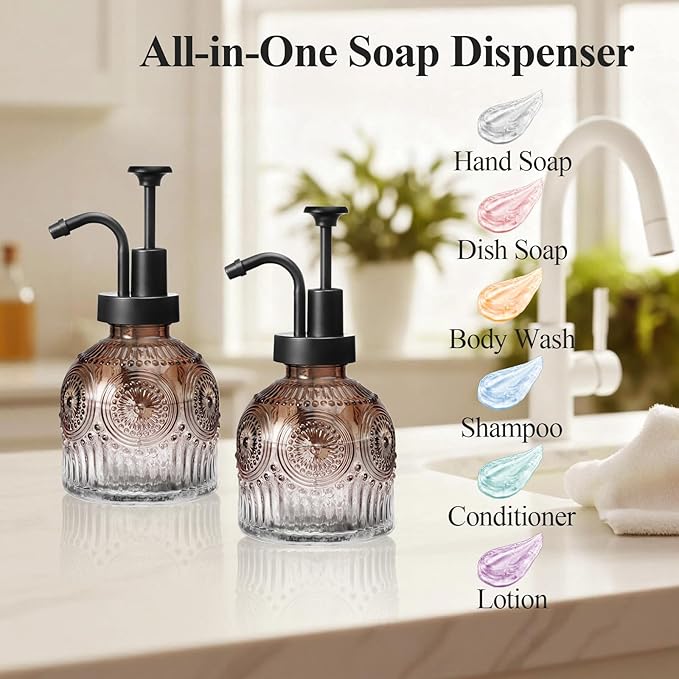 SheeChung Vintage Soap Dispenser, Kitchen Dish Soap Dispensers with Pump Mat, Glass Hand Soap Dispenser for Bathroom, Liquid, Lotion, Refillable, Rustic Farmhouse Decor-Brown (Black Pump, 2 pk)