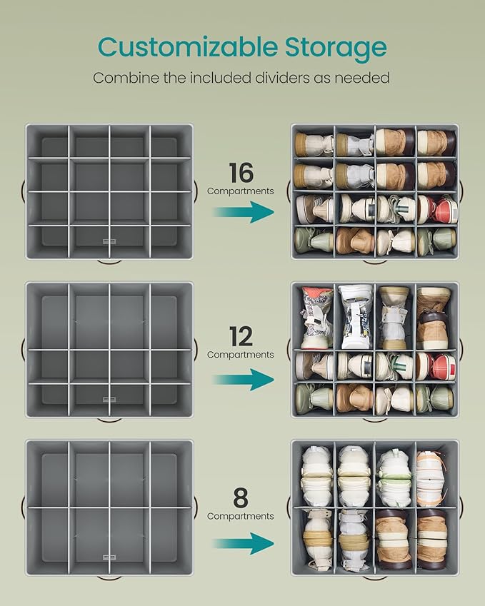 SONGMICS Shoe Organizers for Closet, Pack 2 Shoe Storage Bins, Fits 32 Pairs, Fabric Containers with Handles and Clear Cover, Adjustable Dividers, Customizable, Dove Gray ULSP556G01