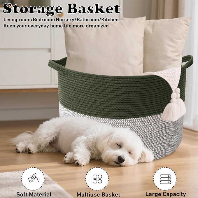 115L Large Blanket Basket,23.6" L x 23.6" W x 15.7" H Rope Woven Baskets with Handles, Toys Storage Bins,Laundry Basket Perfect for Living Room, Nursery,Bedroom,Home Organization,Green&White