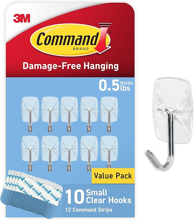 Command Small Clear Wire Toggle Hooks, 10 Wall Hook and 12 Strips, Damage-Free Hanging with Adhesive, Great for Hanging, Organization and Storage, Holds up to 0.5 lb