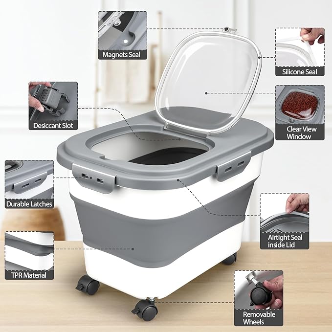 Dog Food Storage Container, 10-20Lbs Collapsible Pet Food Storage Containers with Rolling Wheel Airtight Locking Lid, Dry Food Storage Bin with Cup and Scoop,Suitable for Pet Food, Rice, Flour