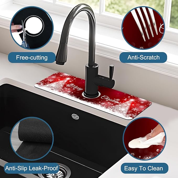 Christmas Merry Xmas Sink Faucet Absorbing Mat Santa Claus Super Absorbent Fast Drying Mat Sink Gadgets Behind Faucet Sinkmat for Kitchen Bathroom, 15.5"x5.5"